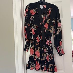 Black satin floral long sleeve floral dress